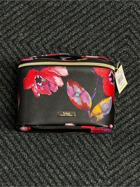 Trina Turk Black Floral Cosmetic Case with Gold Hardware